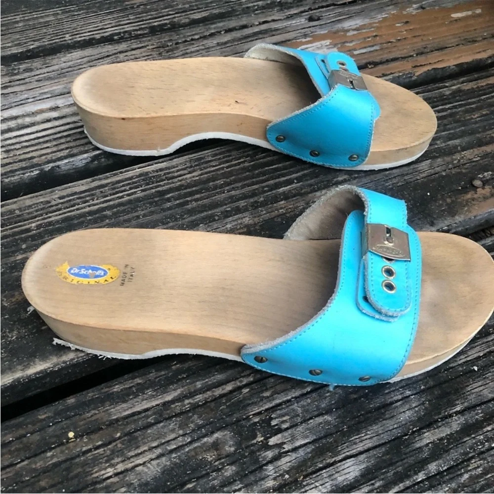 Dr Scholls Aqua Blue Wood Leather Exercise Sandals Sz 8 Slip On Vintage 70s 80s